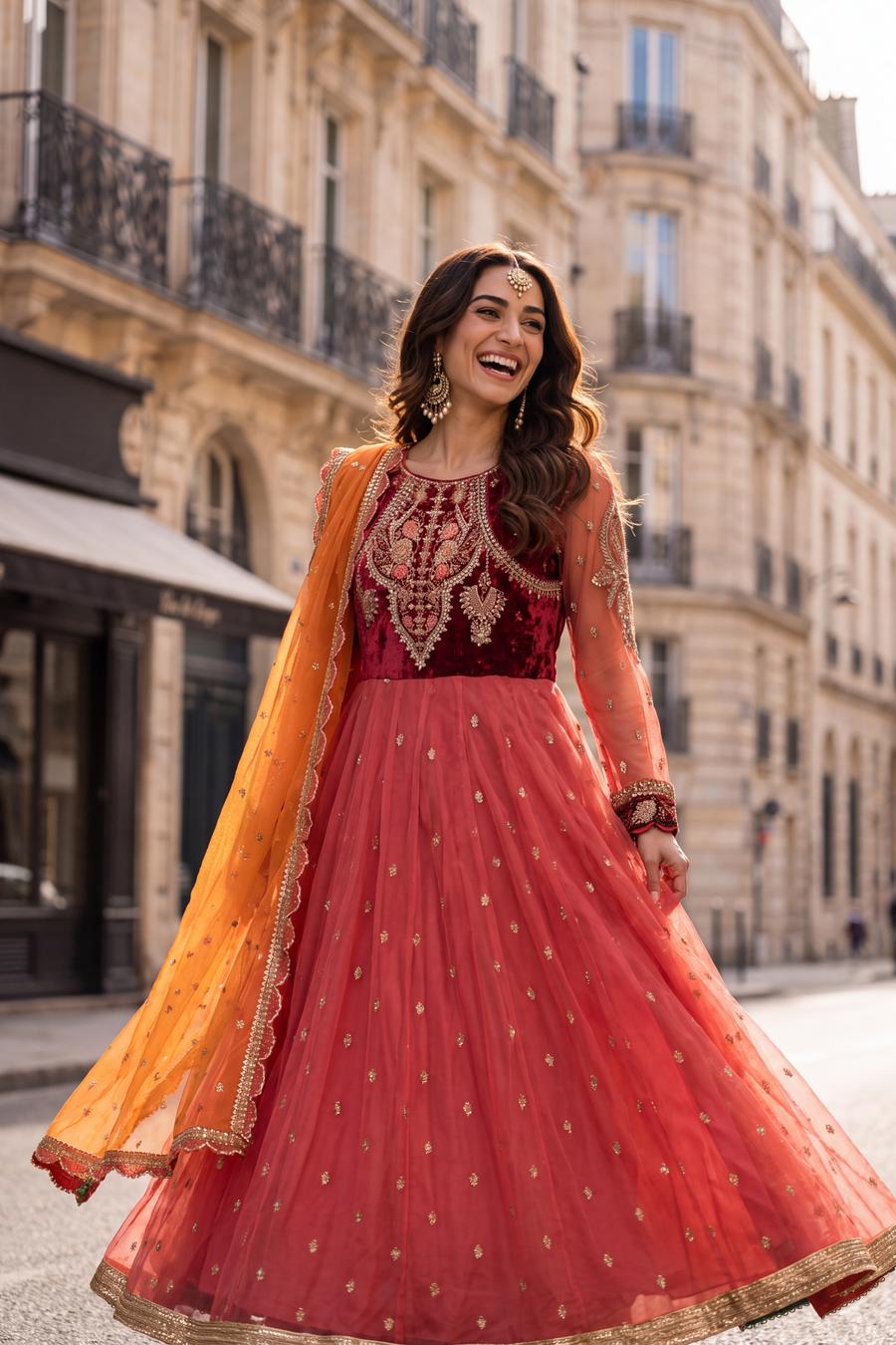 Red Orange Maria B Peshwas, front view. Available to rent from Wear Wali.