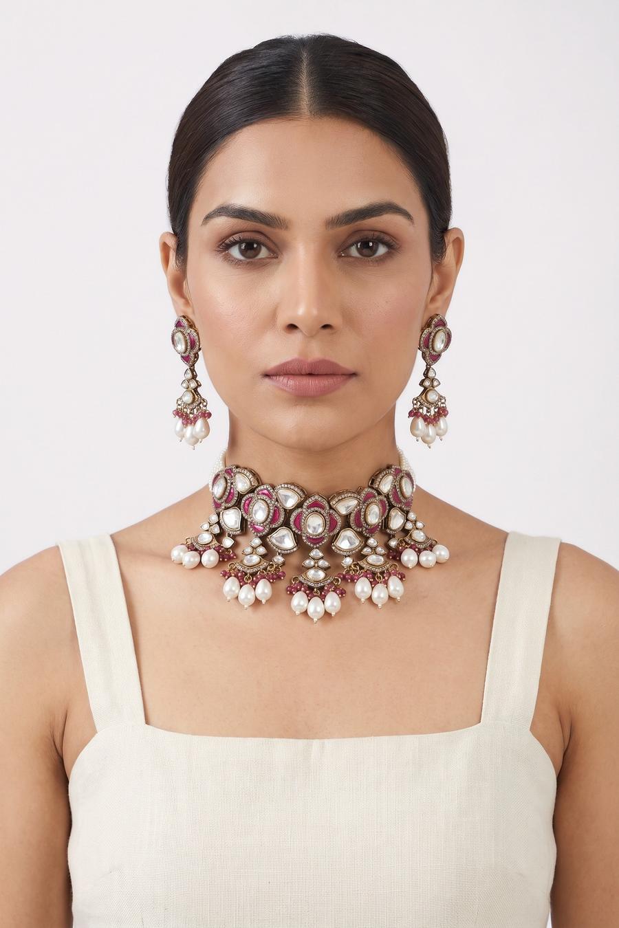 Ruby and Pearl Antique Choker Set, full length front view