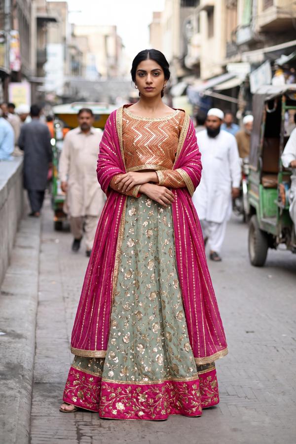 Sage floral lehenga with tangerine sequin top and striped magenta dupatta, full length front view