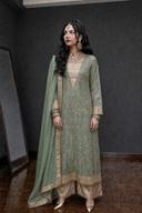 Sage green kurta with gold embroidered borders and a matching dupatta, full length indoor view