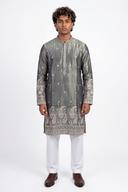 Sage and charcoal tissue silk kurta with white shalwar, full length front view on a model
