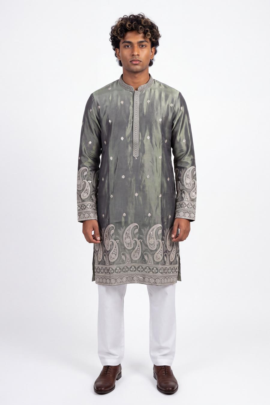Sage and charcoal tissue silk kurta with white shalwar, full length front view on a model