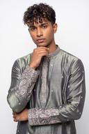 Sage tissue silk kurta, waist up, round crew neck with silver beaded piping and sequin placket