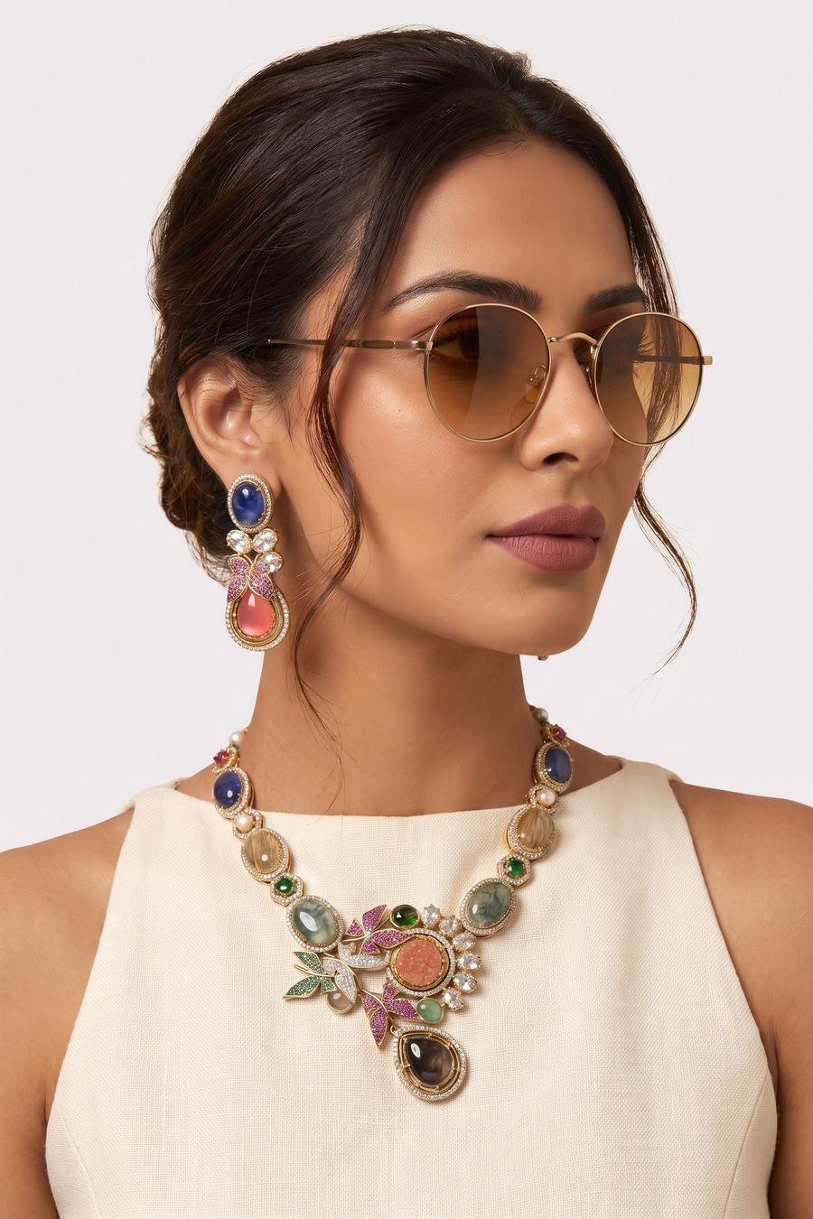 Sapphire and Coral Kundan Necklace Set, close up of the work, detail 1