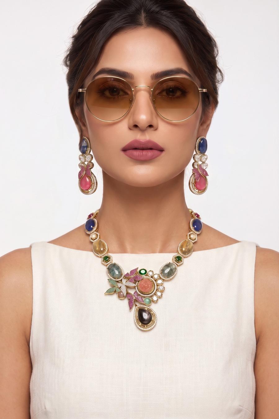 Sapphire and Coral Kundan Necklace Set, full length front view