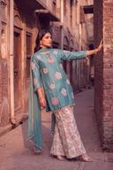 Teal Green and Ivory Embroidered Sharara, detail view 1. Available to rent from Wear Wali.