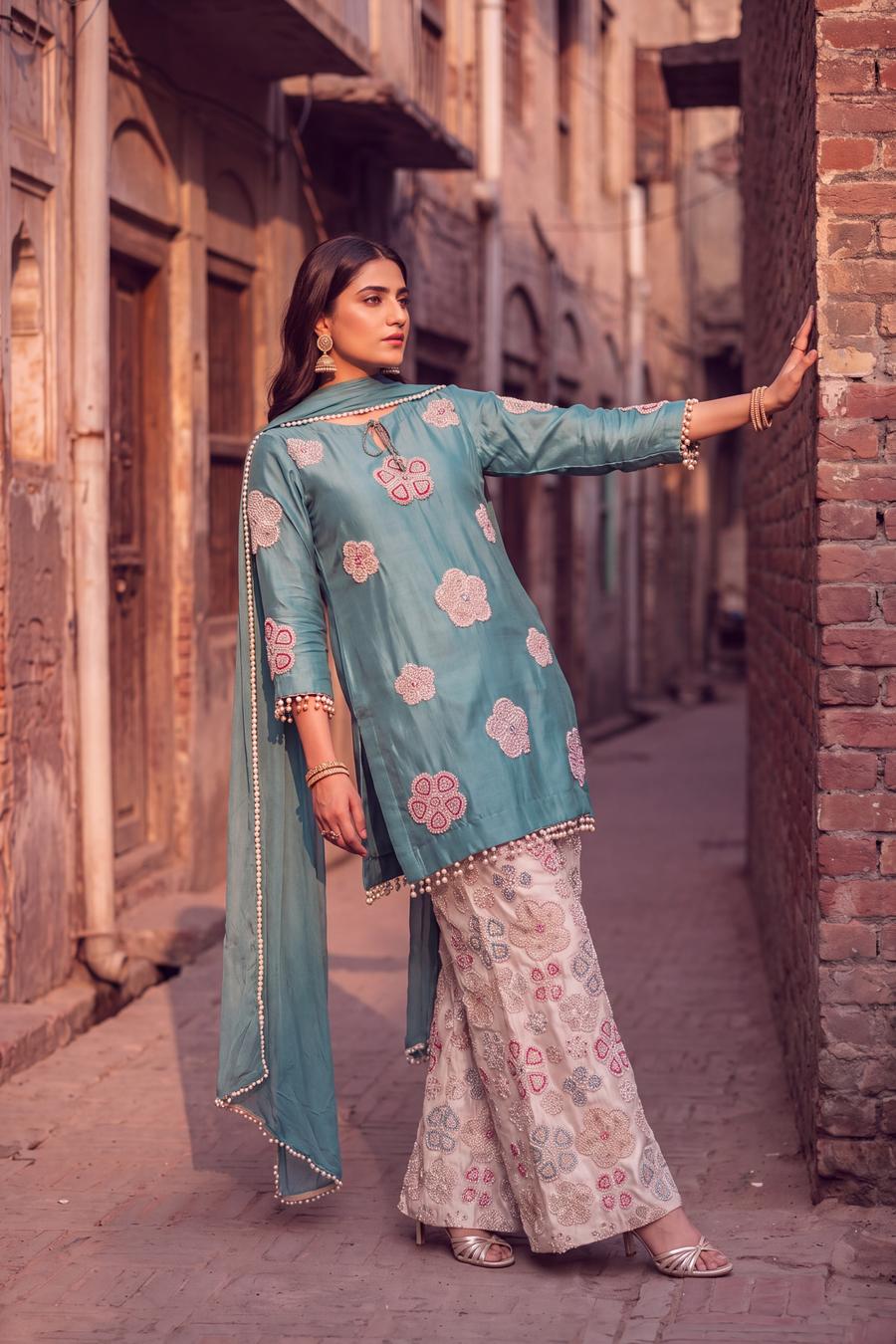 Teal Green and Ivory Embroidered Sharara, detail view 1. Available to rent from Wear Wali.