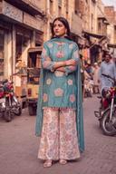 Teal Green and Ivory Embroidered Sharara, detail view 4. Available to rent from Wear Wali.