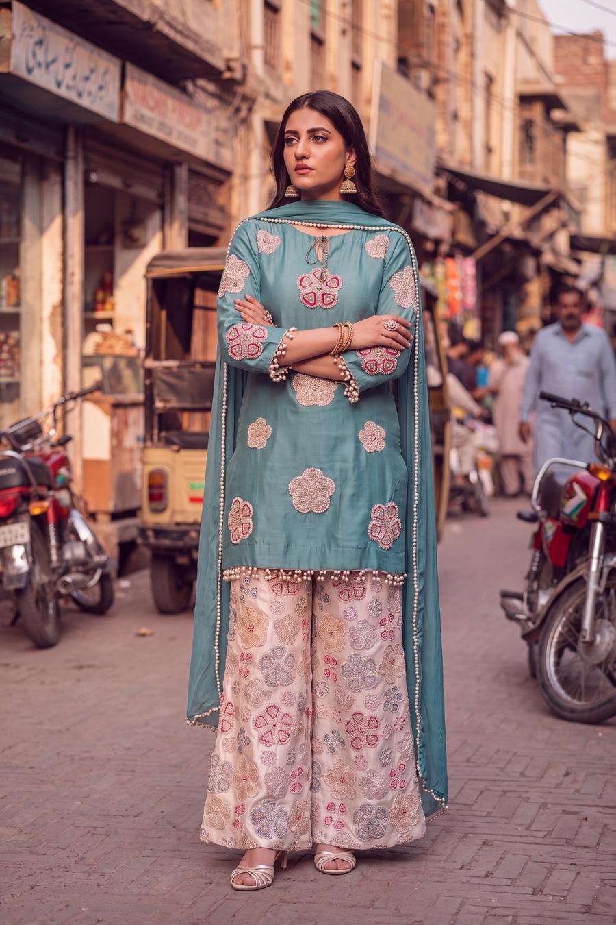 Teal Green and Ivory Embroidered Sharara, detail view 4. Available to rent from Wear Wali.
