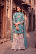 Teal Green and Ivory Embroidered Sharara, front view. Available to rent from Wear Wali.