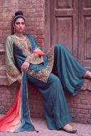 Teal muqesh kurta seated, embroidered bell sleeves and wide palazzo with red to blue ombre dupatta
