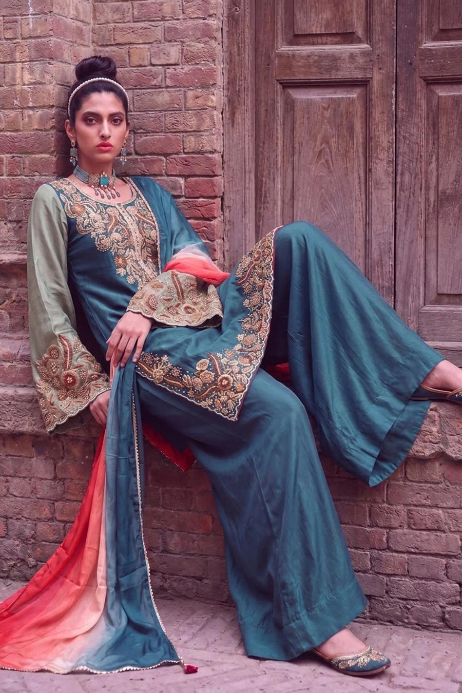 Teal muqesh kurta seated, embroidered bell sleeves and wide palazzo with red to blue ombre dupatta