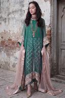 Teal sequin lattice long shirt with a blush satin dupatta, full length front view