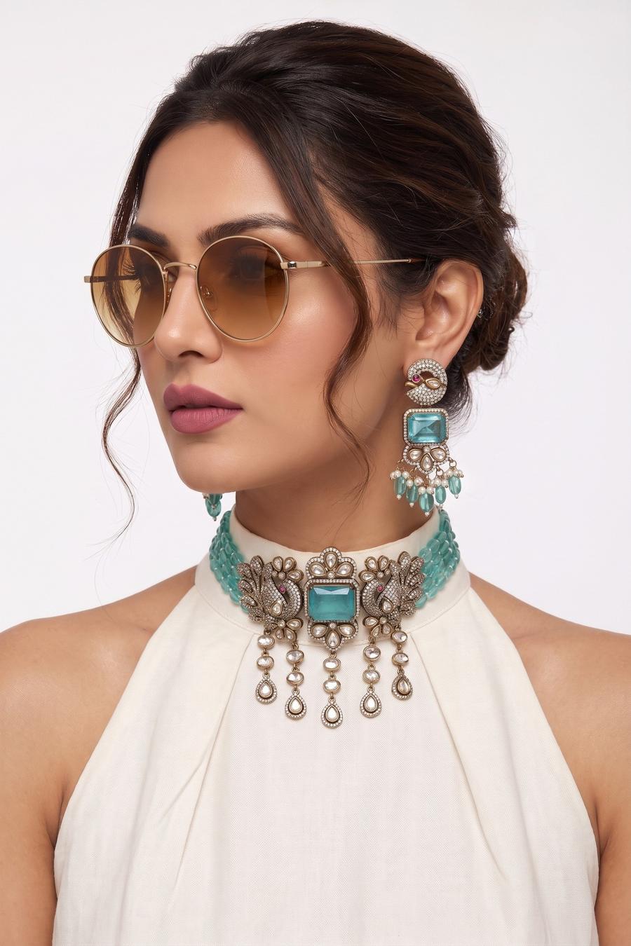Turquoise Antique Gold Choker Set, close up of the work, detail 2
