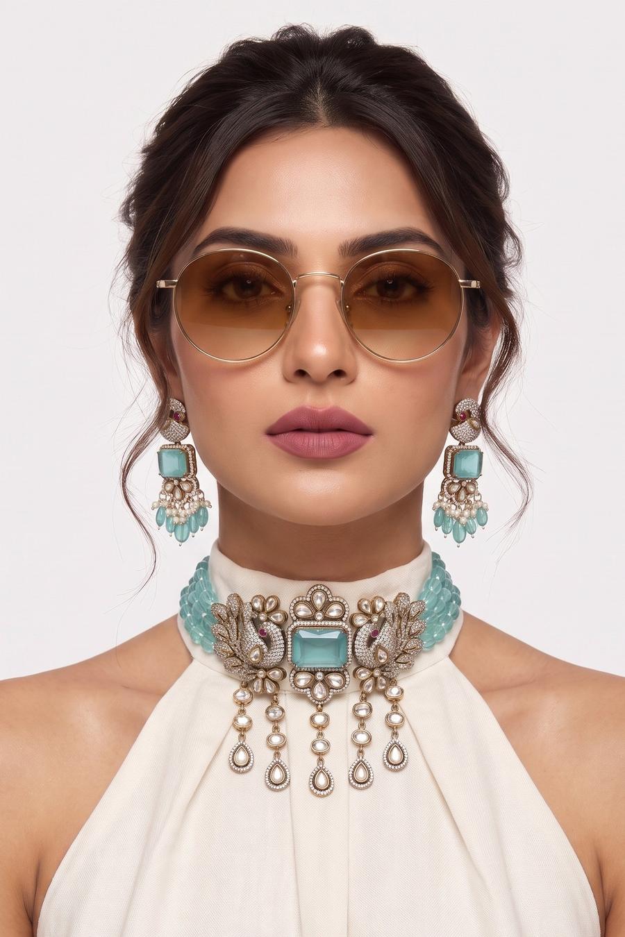 Turquoise Antique Gold Choker Set, full length front view