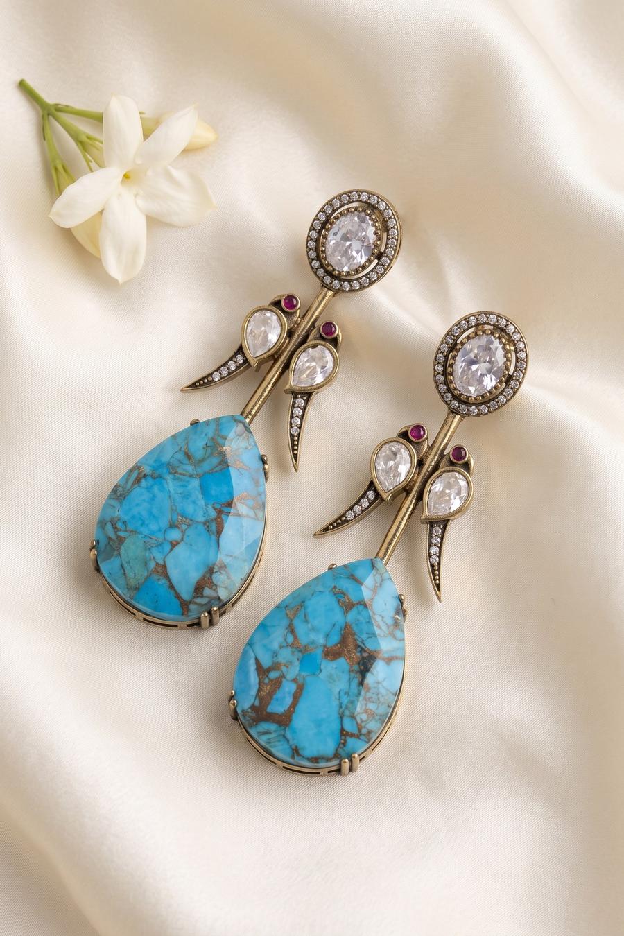 Turquoise Victorian Drop Earrings, close up of the work, detail 2