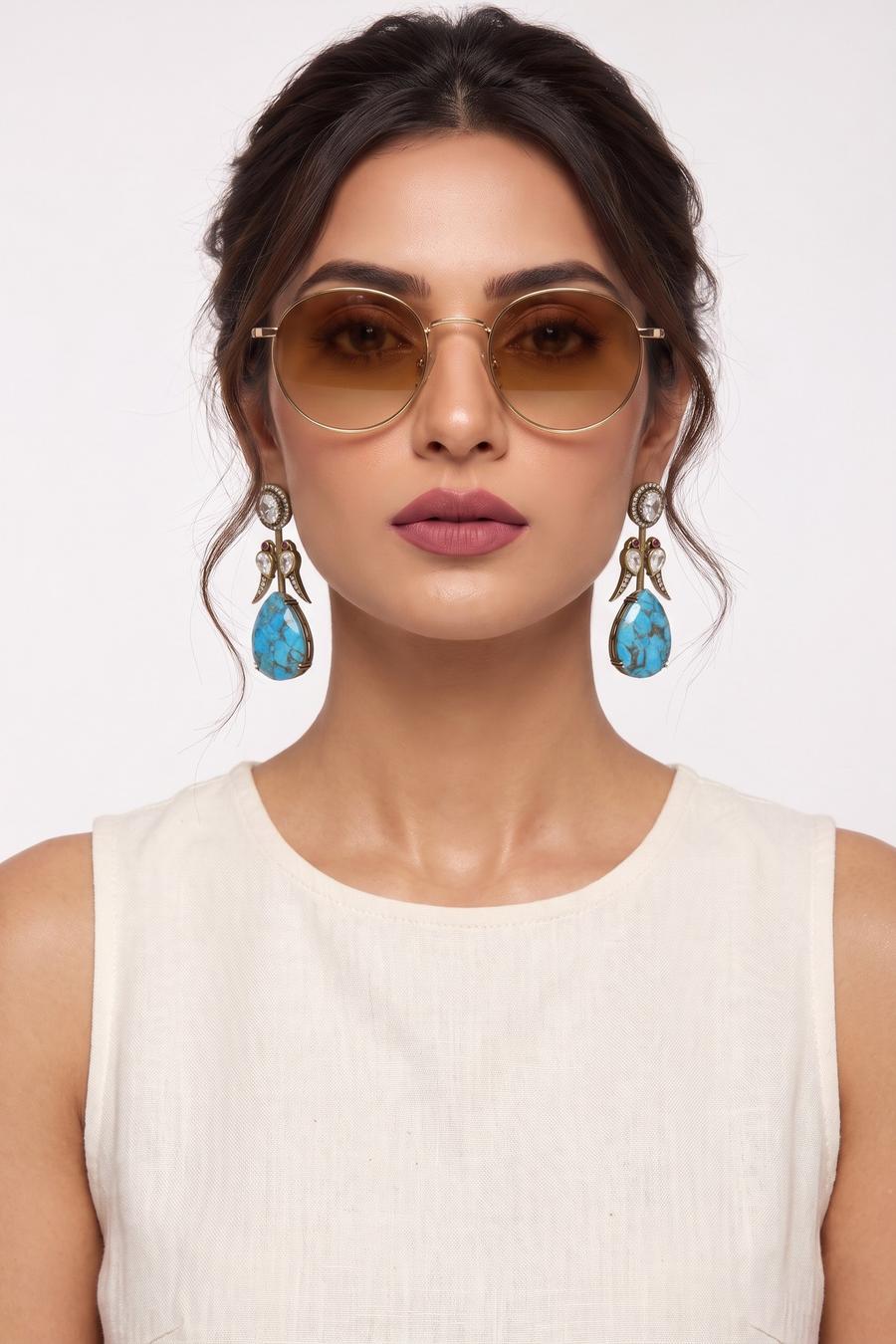 Turquoise Victorian Drop Earrings, full length front view